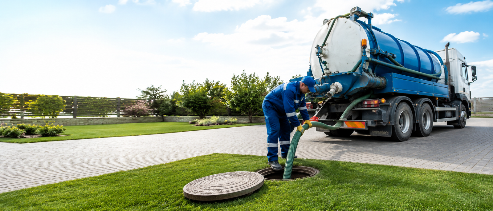 Vacuum tanker truck working at a service location