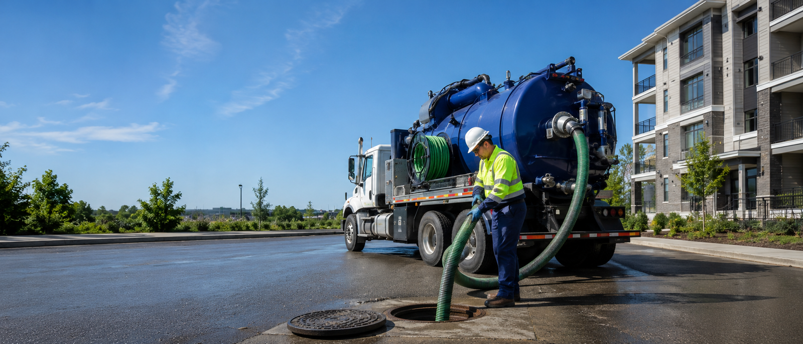 Vacuum tanker truck connected with suction hose